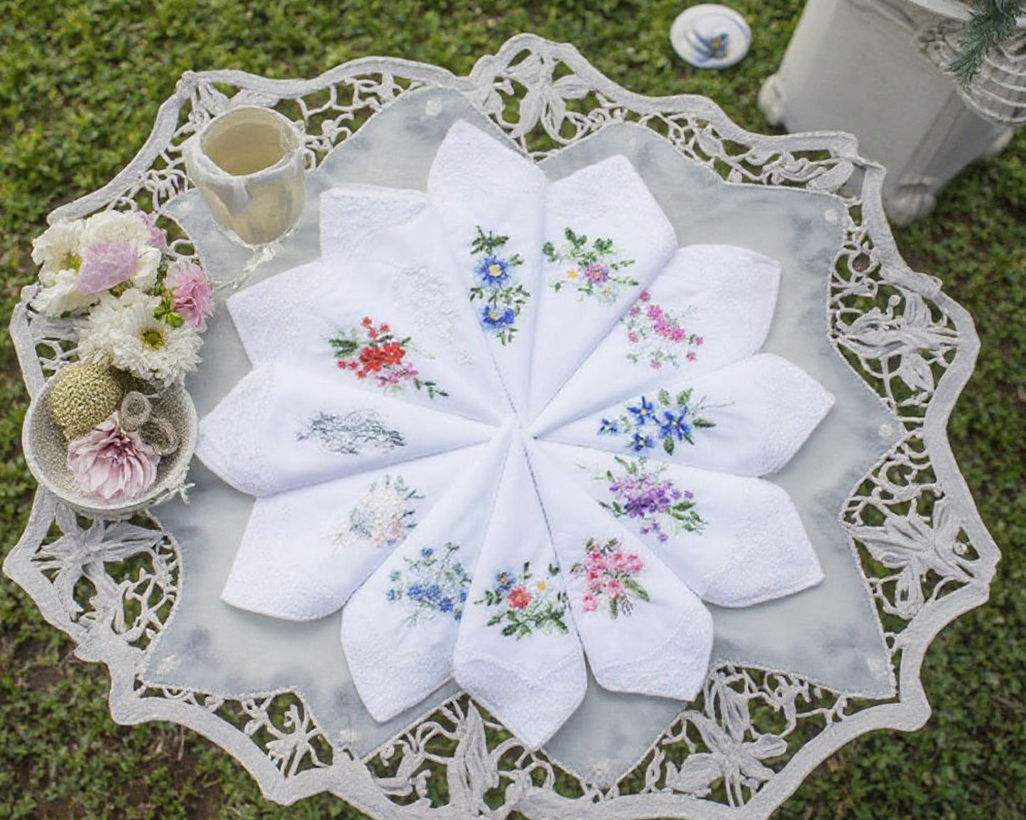 Women’s Floral Embroidered Lace Handkerchief - Set of 12