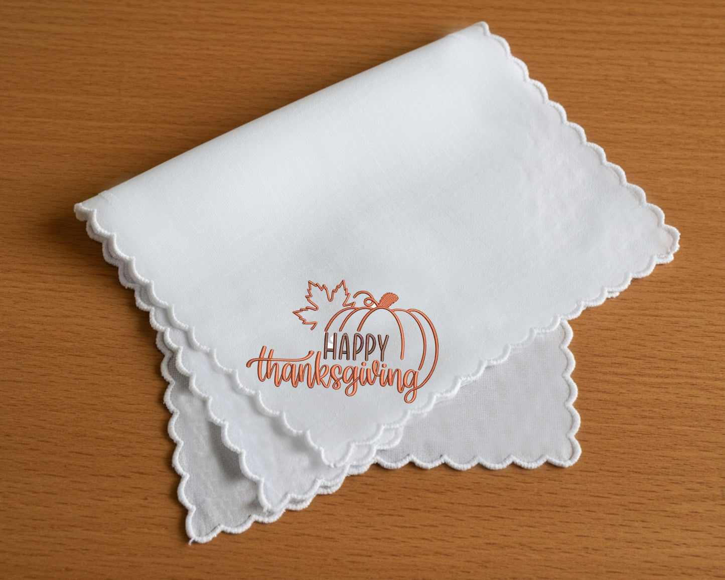 Happy Thanksgiving Embroidered White Handkerchief – Scallop Finish