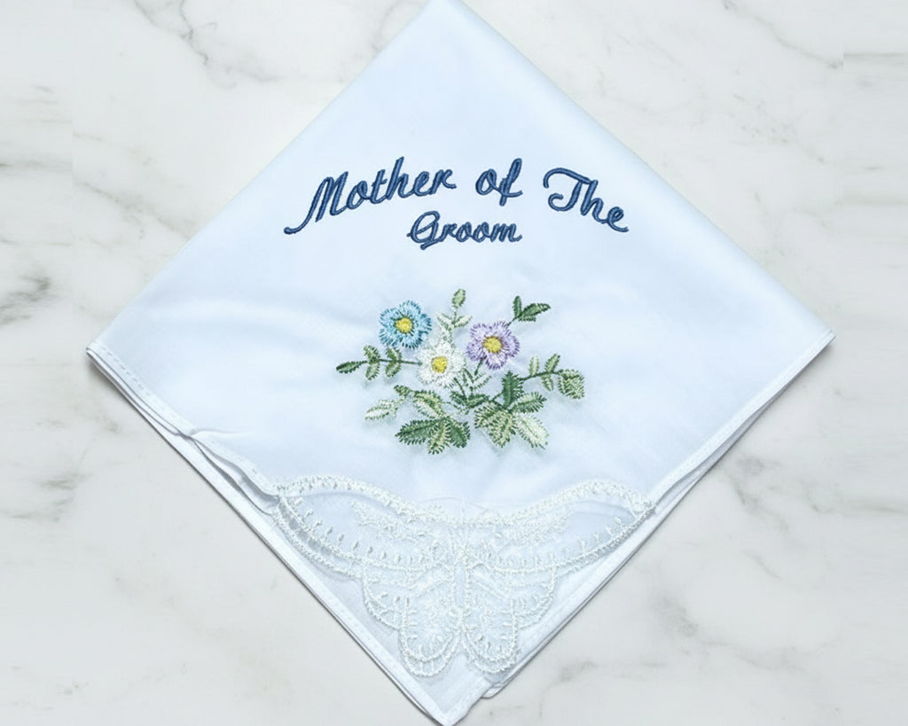 Custom Embroidered Wedding Handkerchief – Mother of Groom Lace Keepsake