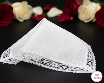 Elegant Bridal Handkerchief – White Cotton Hanky with Lace Border
