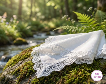 Elegant White Handkerchief – Soft Cotton Floral Lace Trim Bridal Hanky