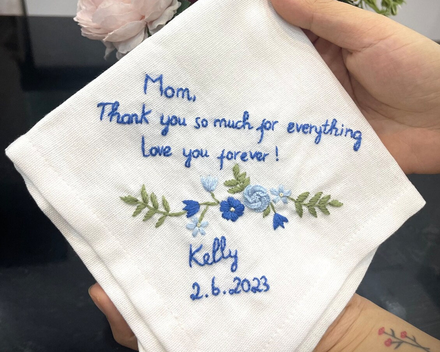 Personalized Linen Wedding Handkerchief with Flower