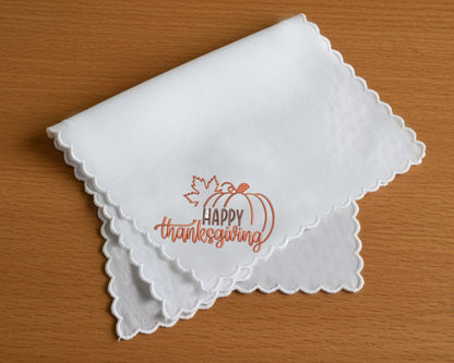 Scalloped White Cotton Handkerchief – Pumpkin Embroidery for Women's