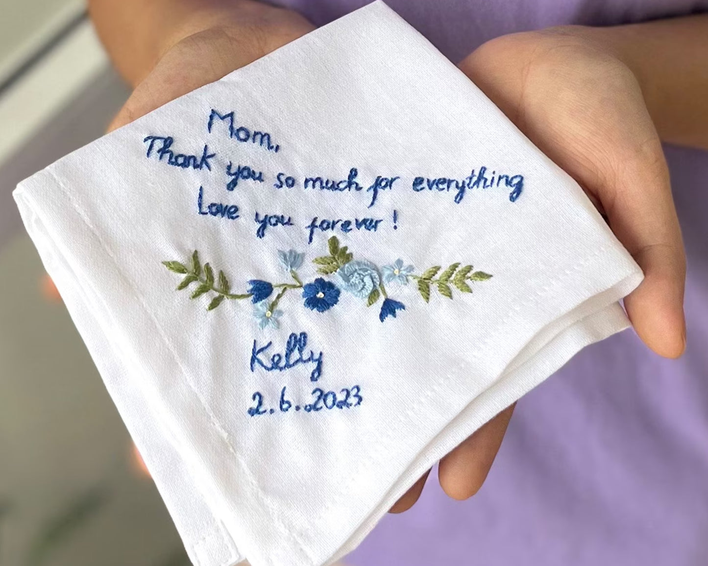 Personalized Linen Wedding Handkerchief with Flower