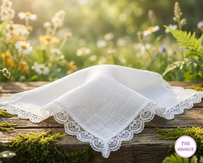 Elegant White Handkerchief – Soft Cotton Floral Lace Trim Bridal Hanky