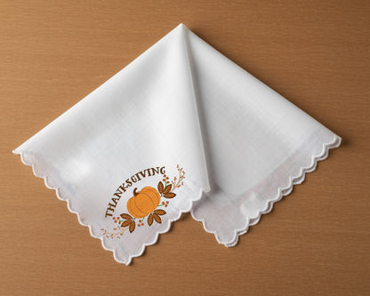 Happy Thanksgiving Embroidered White Handkerchief – Scallop Finish