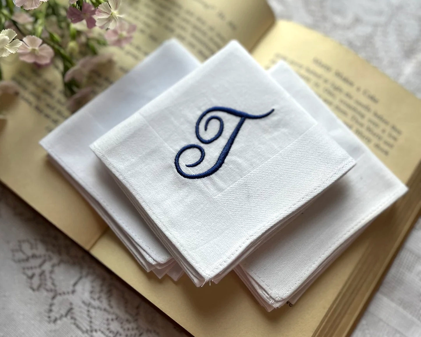 Custom White Monogrammed Handkerchiefs - Set of 2,3