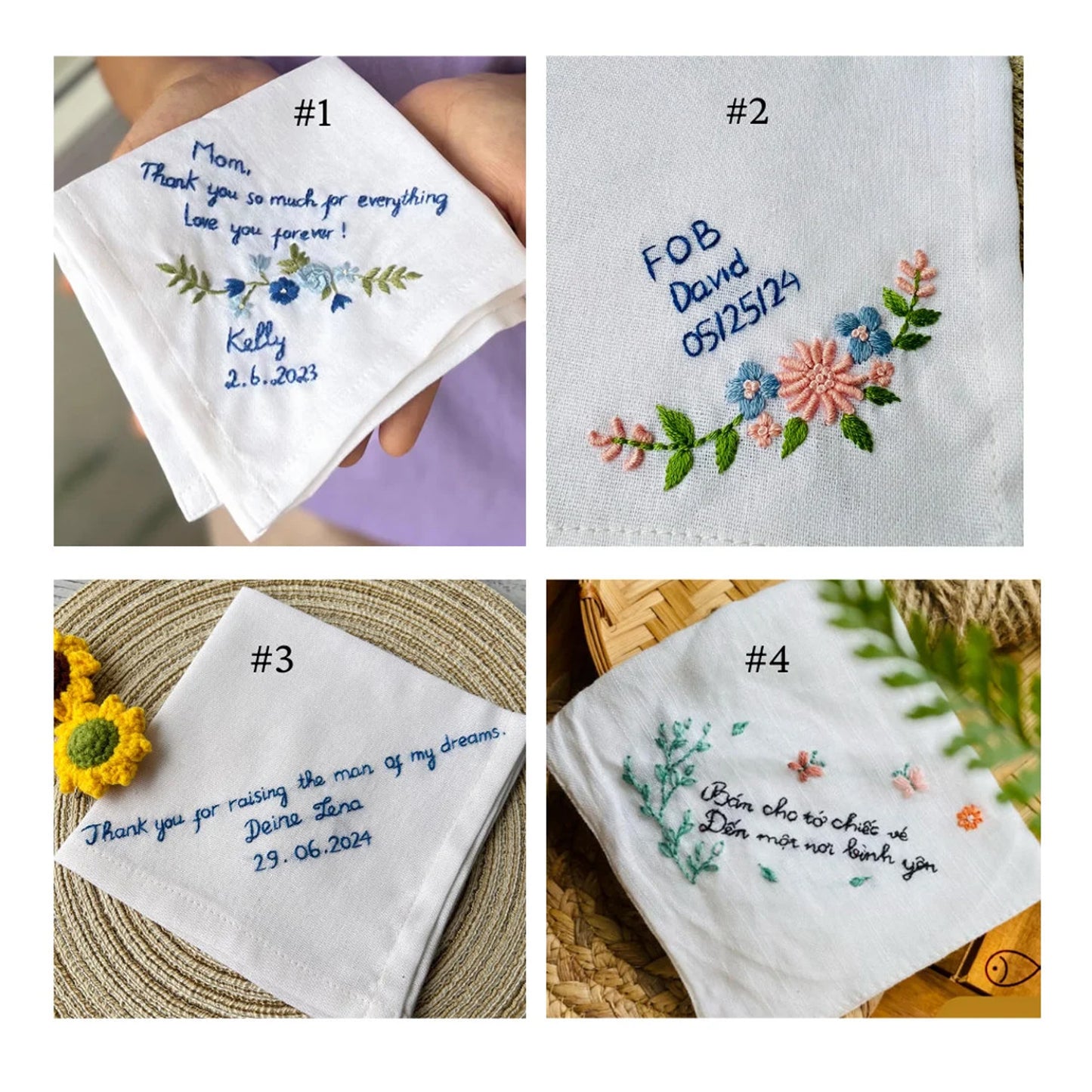 Personalized Linen Wedding Handkerchief with Flower