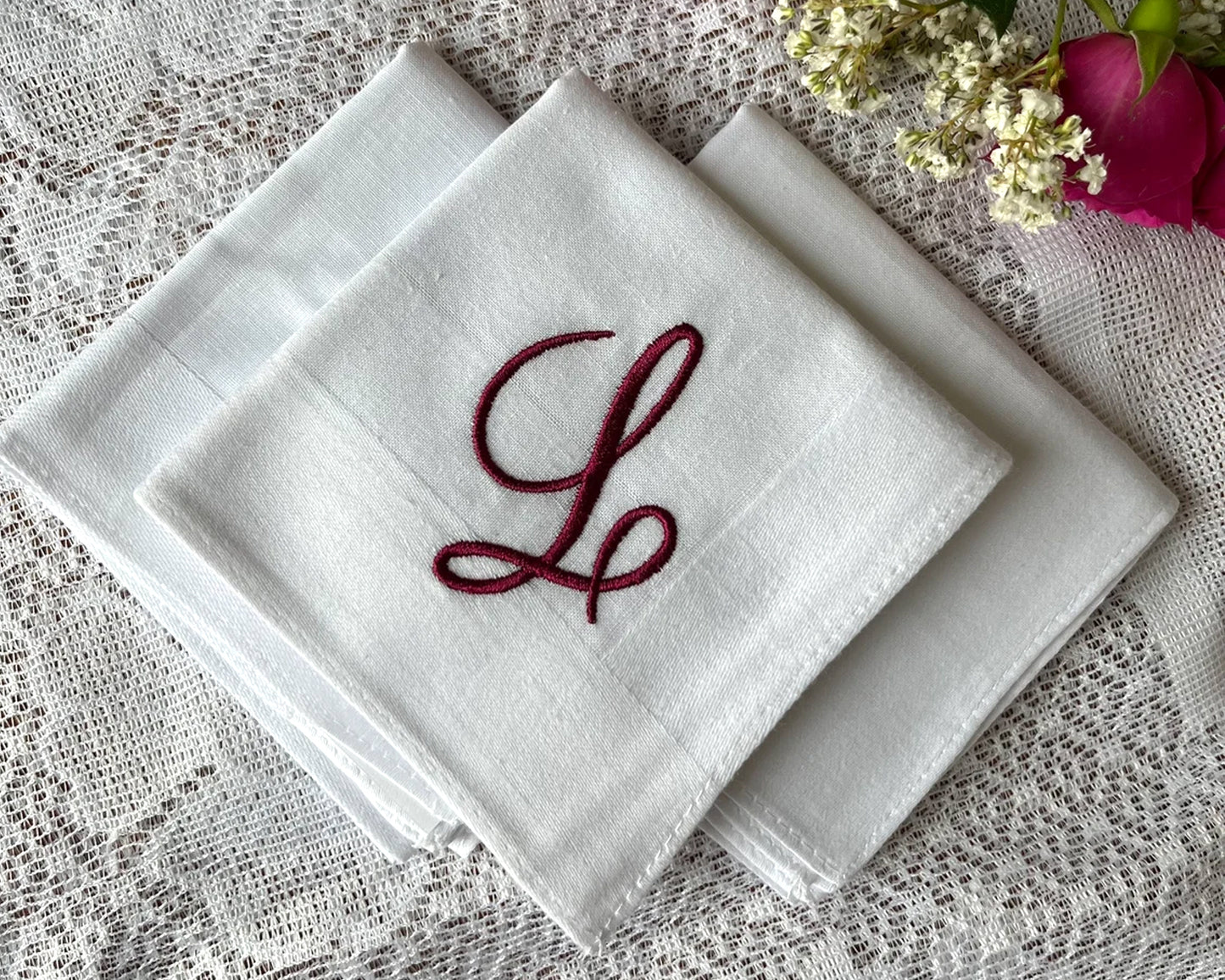 Custom White Monogrammed Handkerchiefs - Set of 2,3