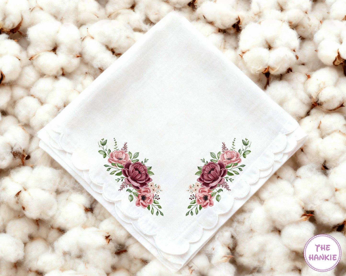 Custom Romantic Floral Scalloped Edge Happy Tears Wedding Handkerchief