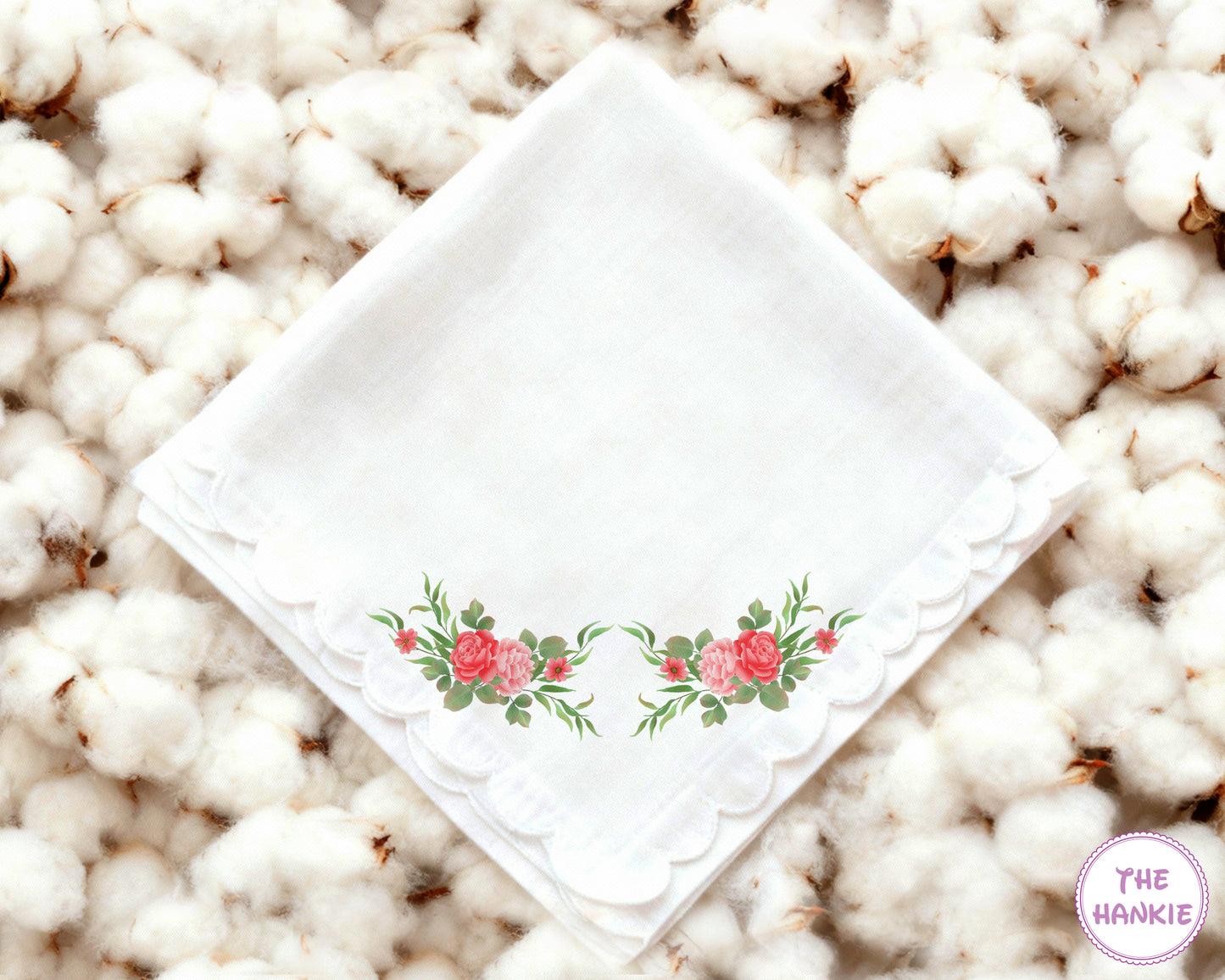 Custom Romantic Floral Scalloped Edge Happy Tears Wedding Handkerchief