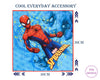 Spider-Man hankie with text 'Cool Everyday Accessory' and dimensions '30CM' on a blue background.