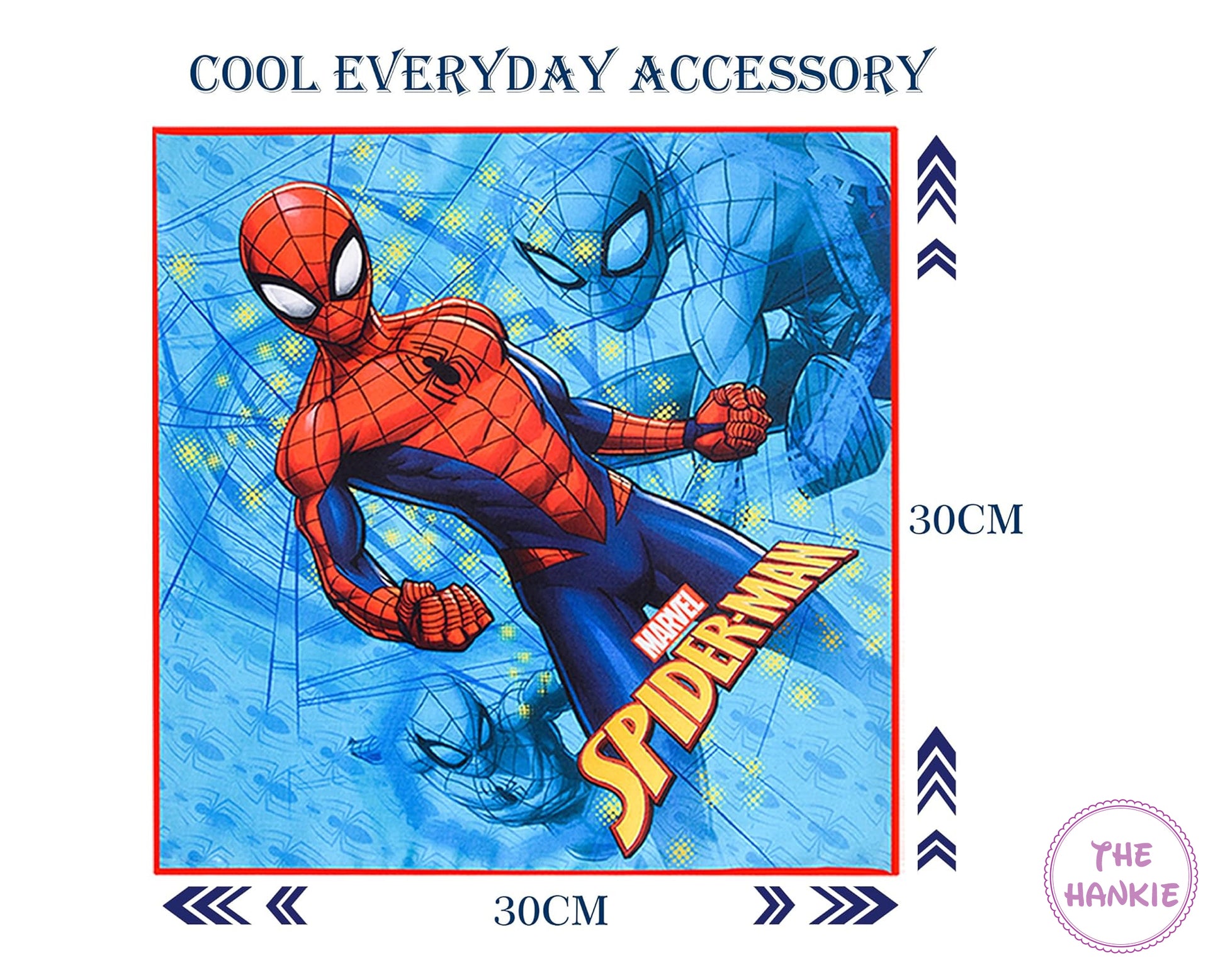 Spider-Man hankie with text 'Cool Everyday Accessory' and dimensions '30CM' on a blue background.