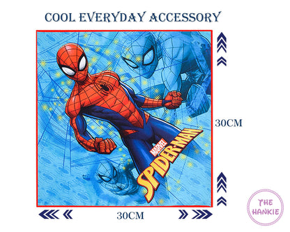 Spider-Man hankie with text 'Cool Everyday Accessory' and dimensions '30CM' on a blue background.