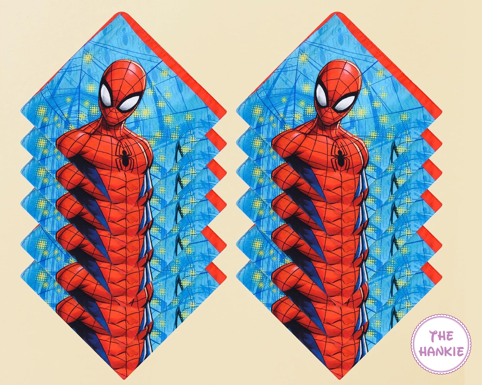 Two Spider-Man hankies with blue and red design on a beige background
