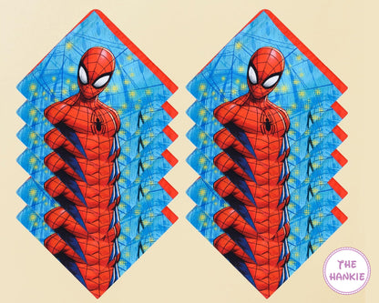 Two Spider-Man hankies with blue and red design on a beige background
