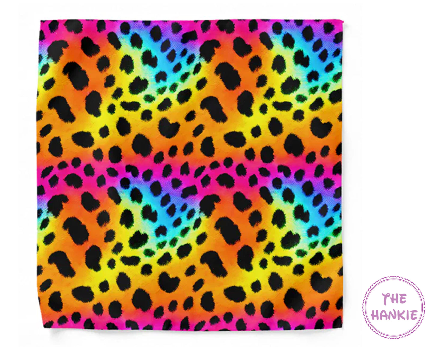 Colorful leopard print hankie with 'The Hankie' branding.