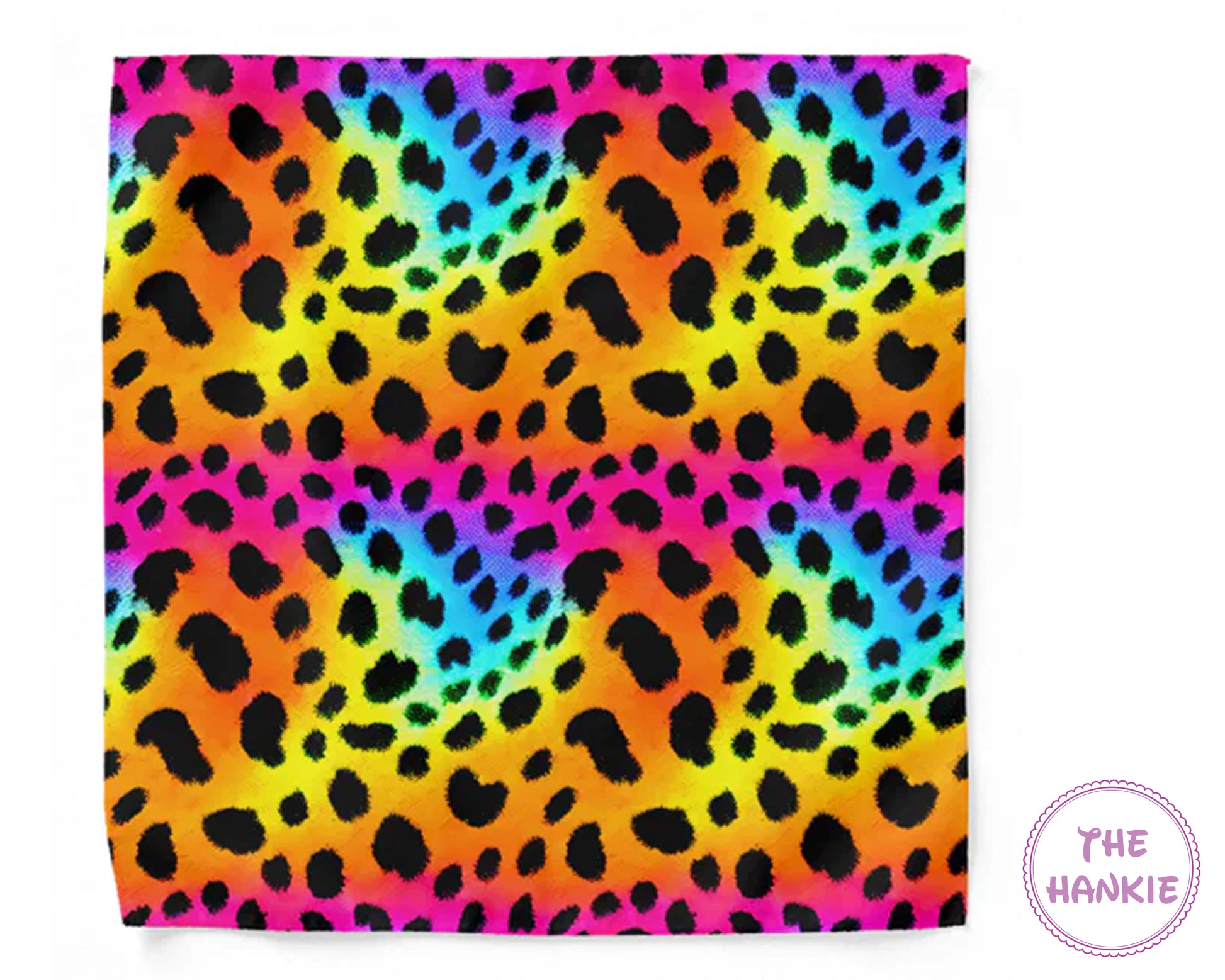 Colorful leopard print hankie with 'The Hankie' branding.