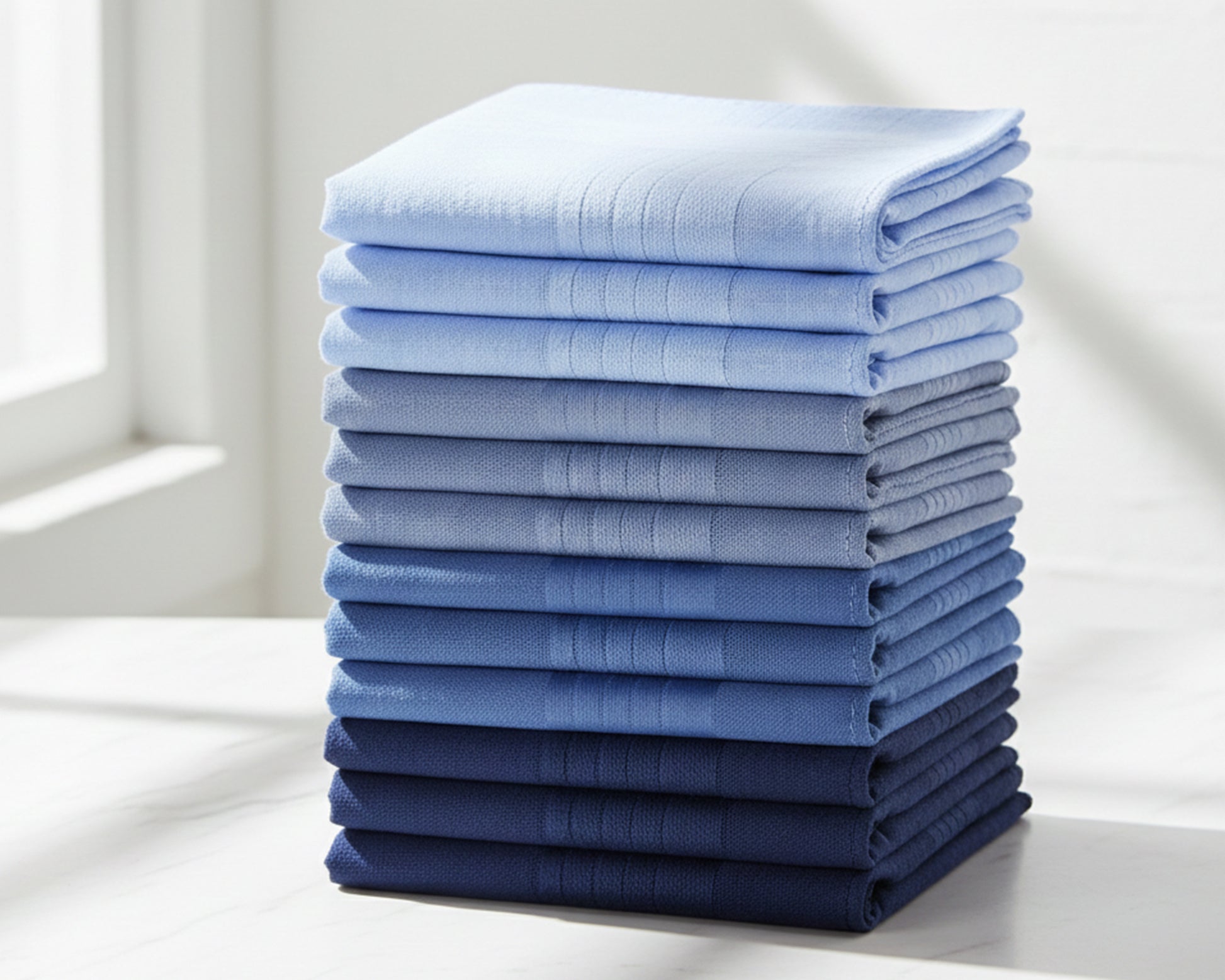 Stack of folded blue towels on a white surface with a light background