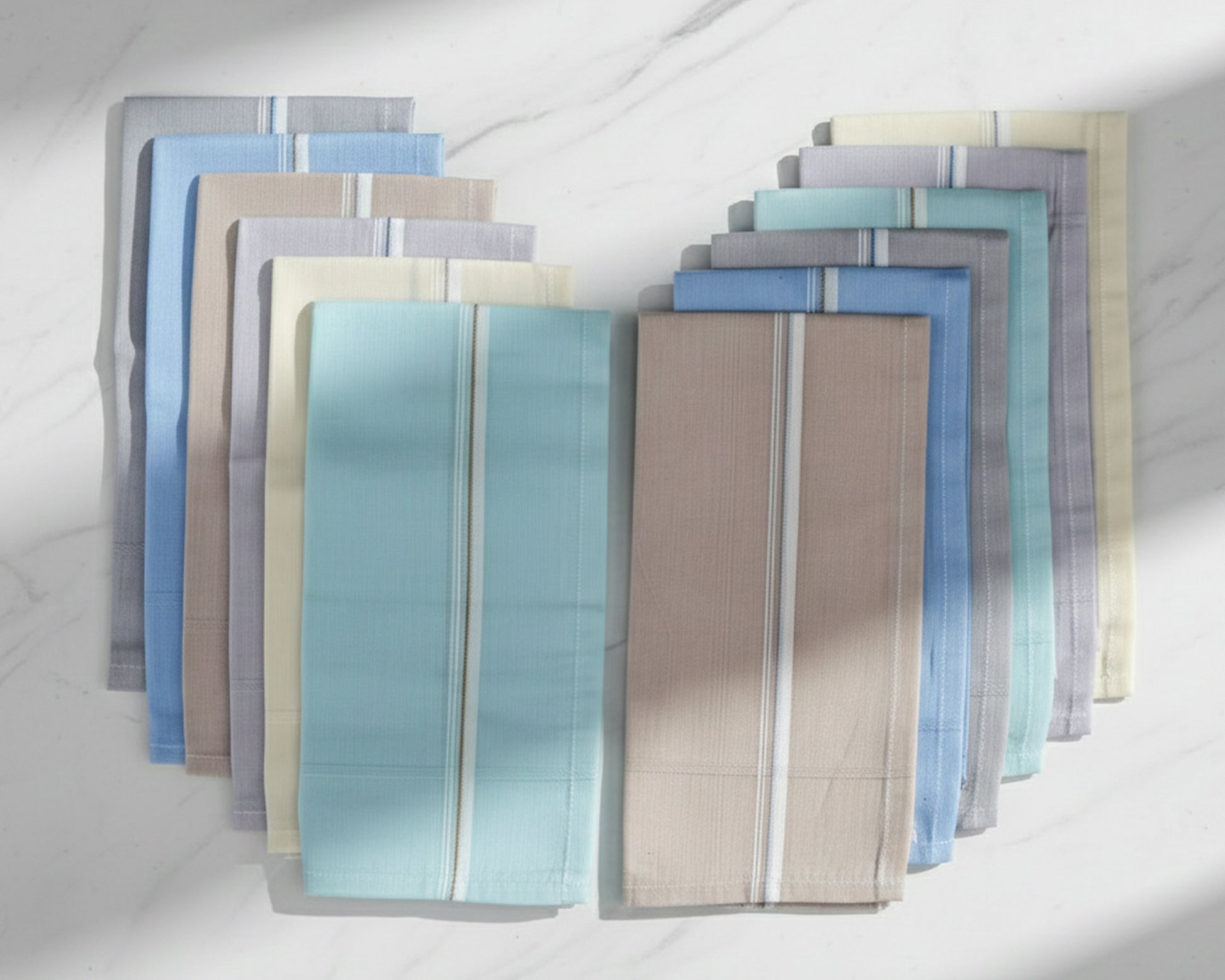 Set of striped fabric swatches in various colors on a white background
