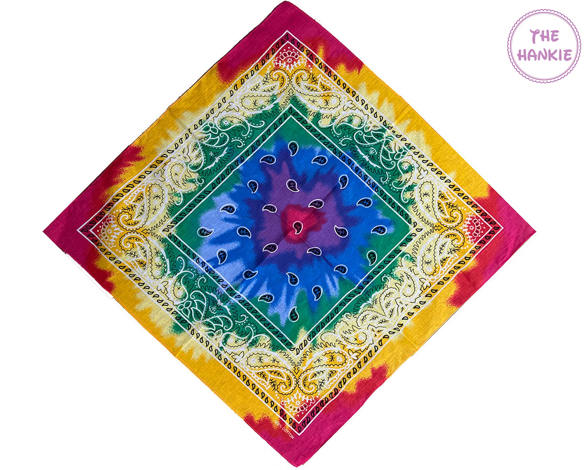 Colorful swirl patterned hankie with 'The Hankie' branding.