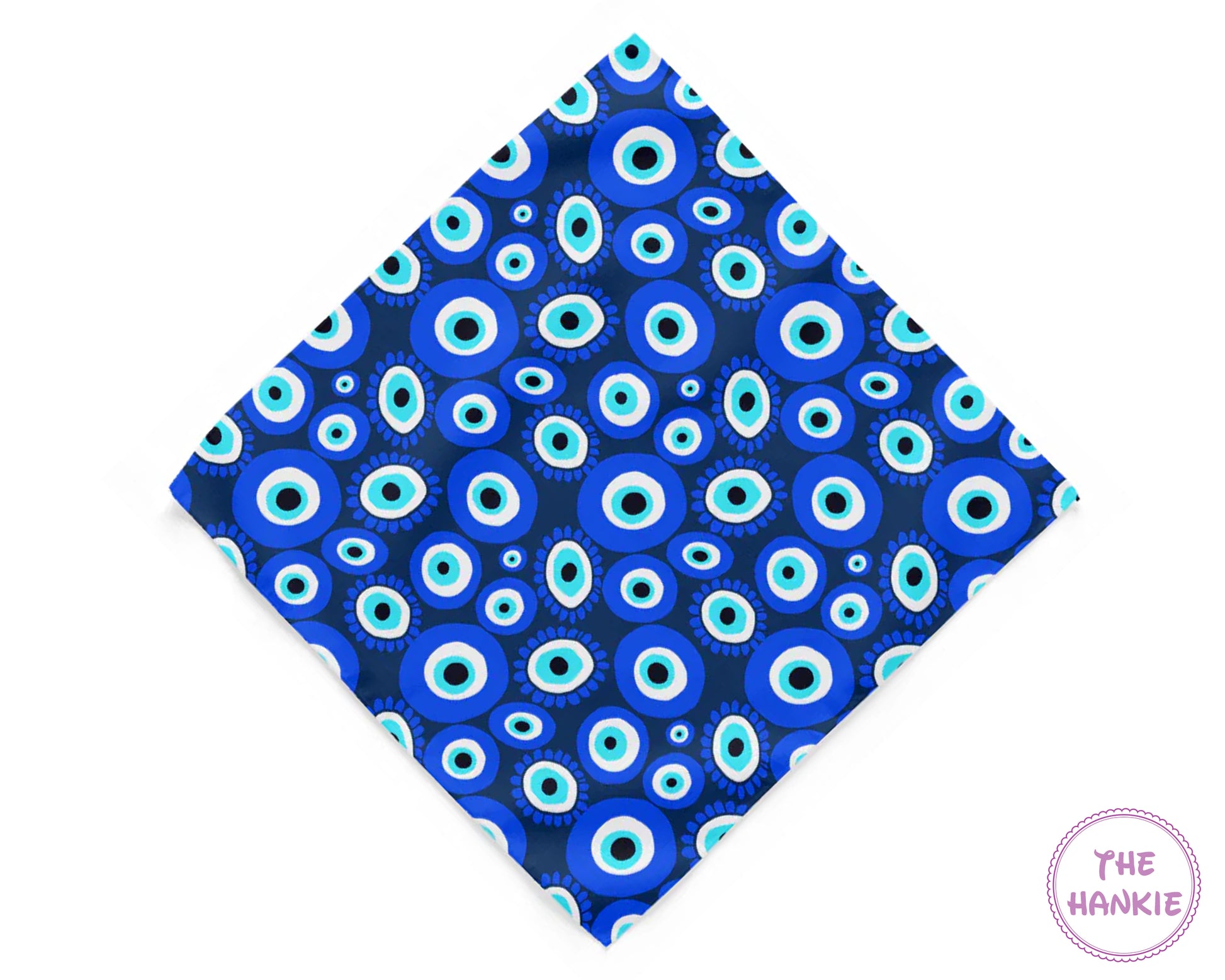 Blue patterned hankie with white and light blue circles on a white background, branded 'The Hankie'.