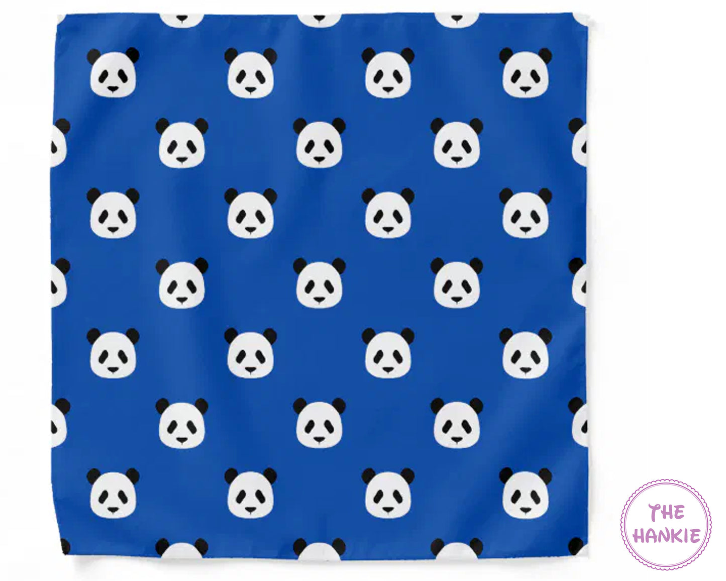 Blue fabric with panda pattern and 'The Hankie' logo.
