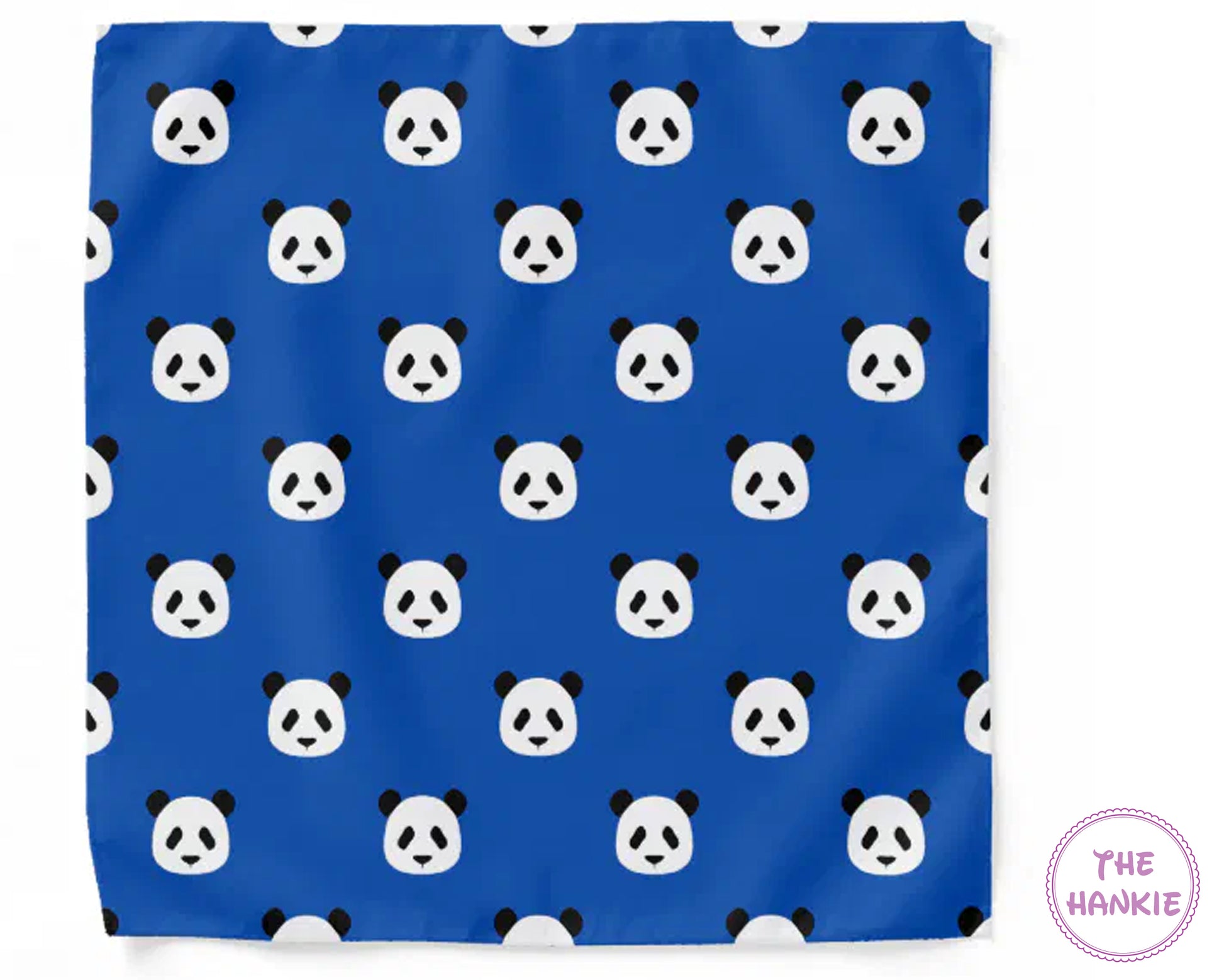 Blue fabric with panda pattern and 'The Hankie' logo.