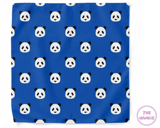 Blue fabric with panda pattern and 'The Hankie' logo.