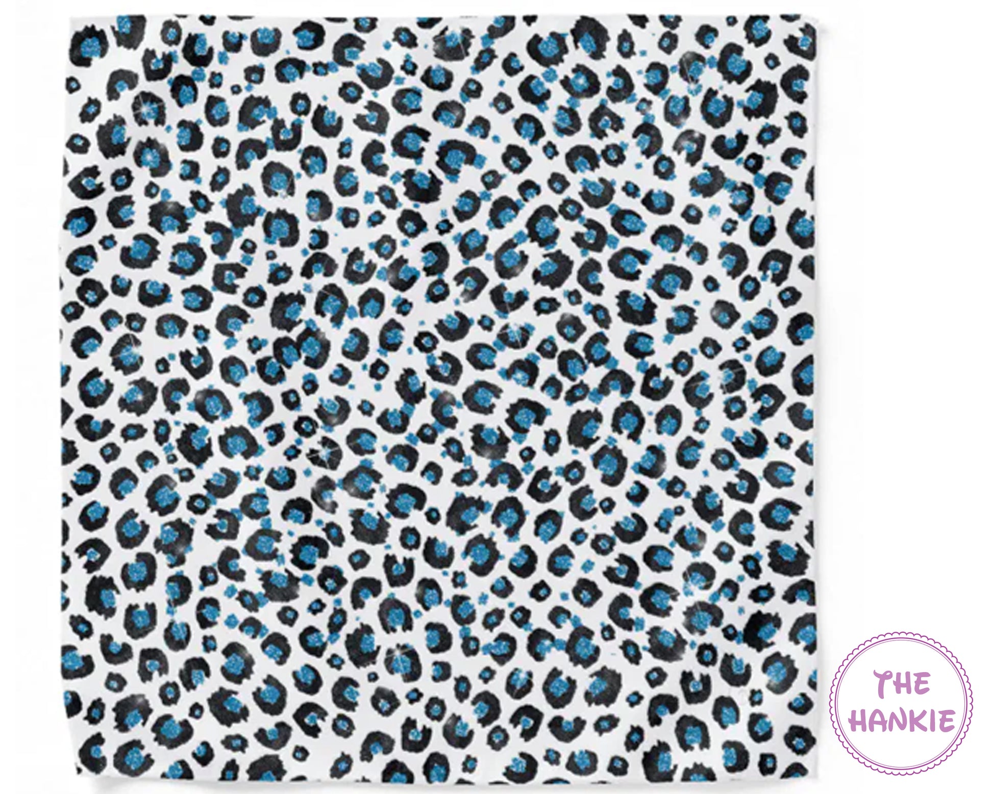Blue and black leopard print hankie on a white background