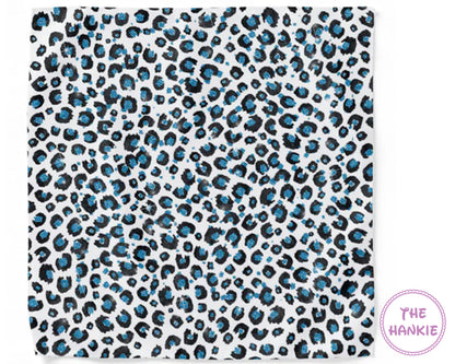 Blue and black leopard print hankie on a white background