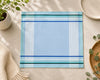 Blue plaid placemat on a light surface with decorative elements