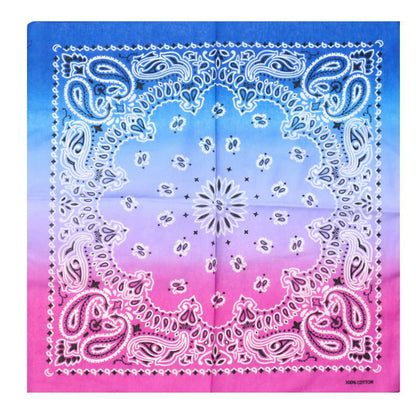 Gradient bandana with paisley pattern transitioning from blue to pink
