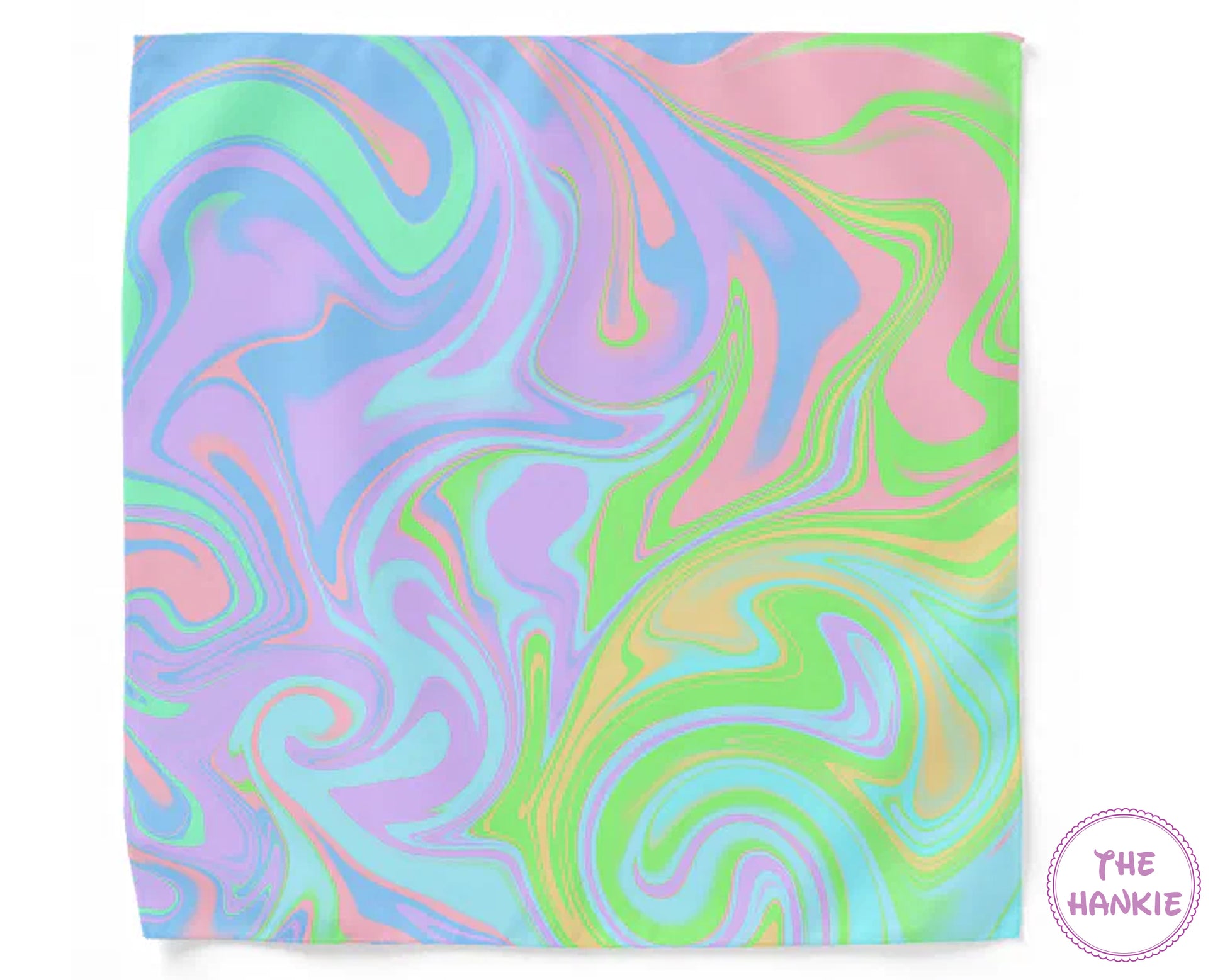 Colorful swirl patterned hankie with 'The Hankie' branding on a white background