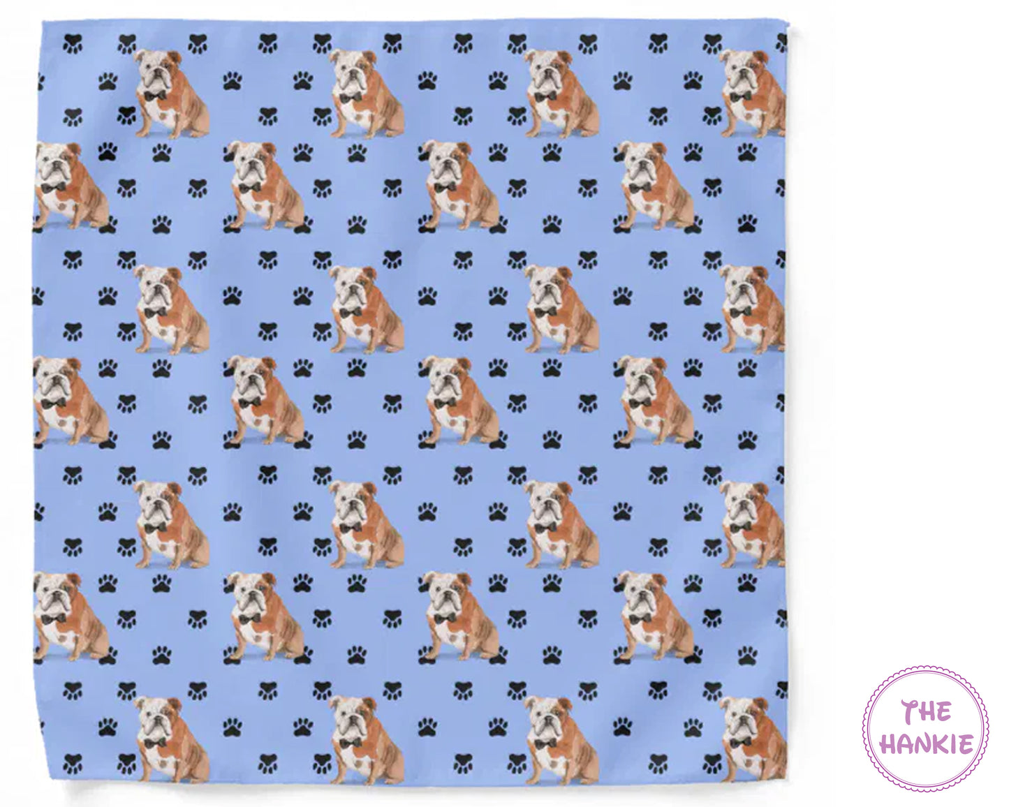 Patterned product with bulldog design and paw prints on a blue background, featuring 'The Hankie' brand.
