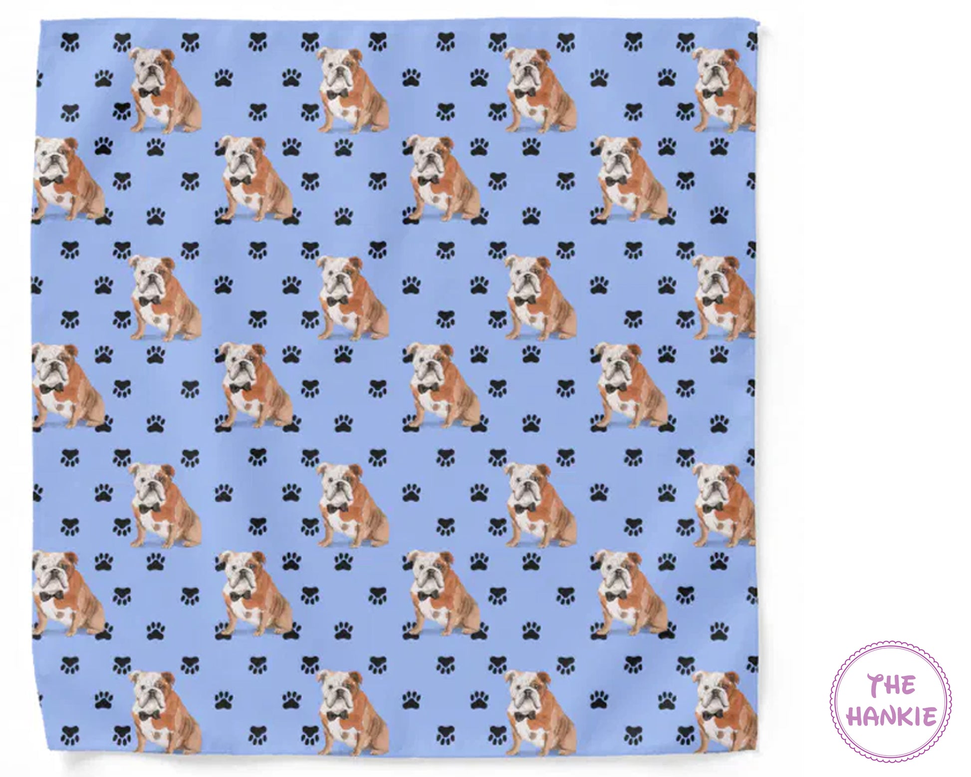 Patterned product with bulldog design and paw prints on a blue background, featuring 'The Hankie' brand.