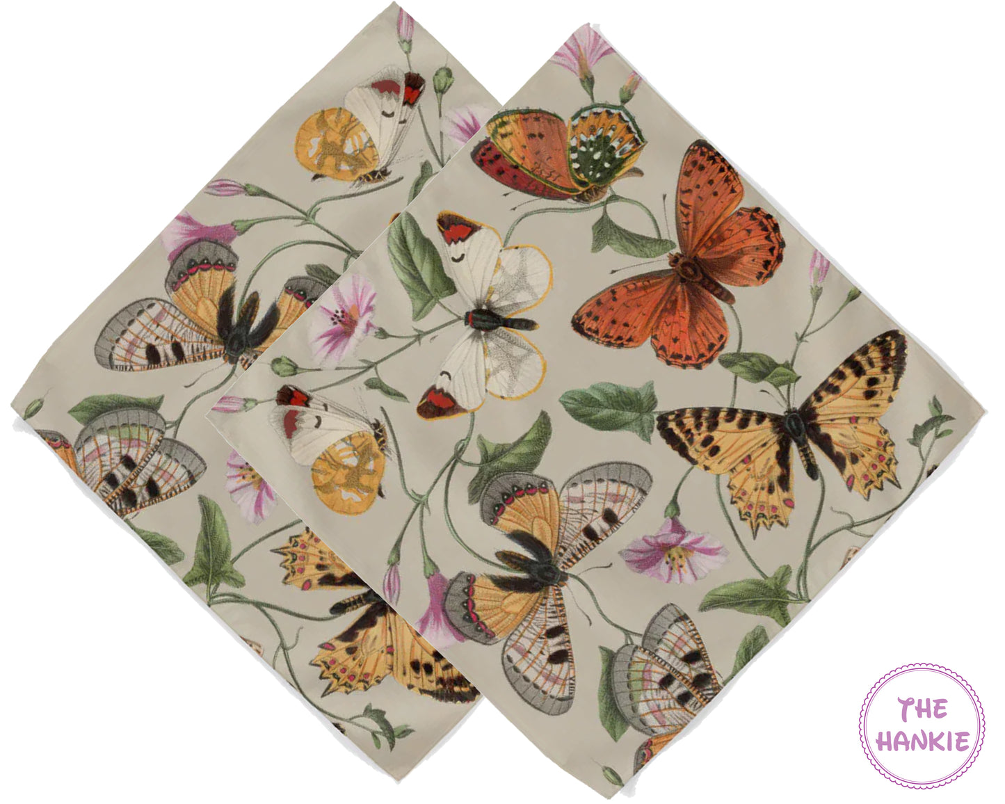Butterfly and floral patterned napkins on a white background with 'The Hankie' brand logo.