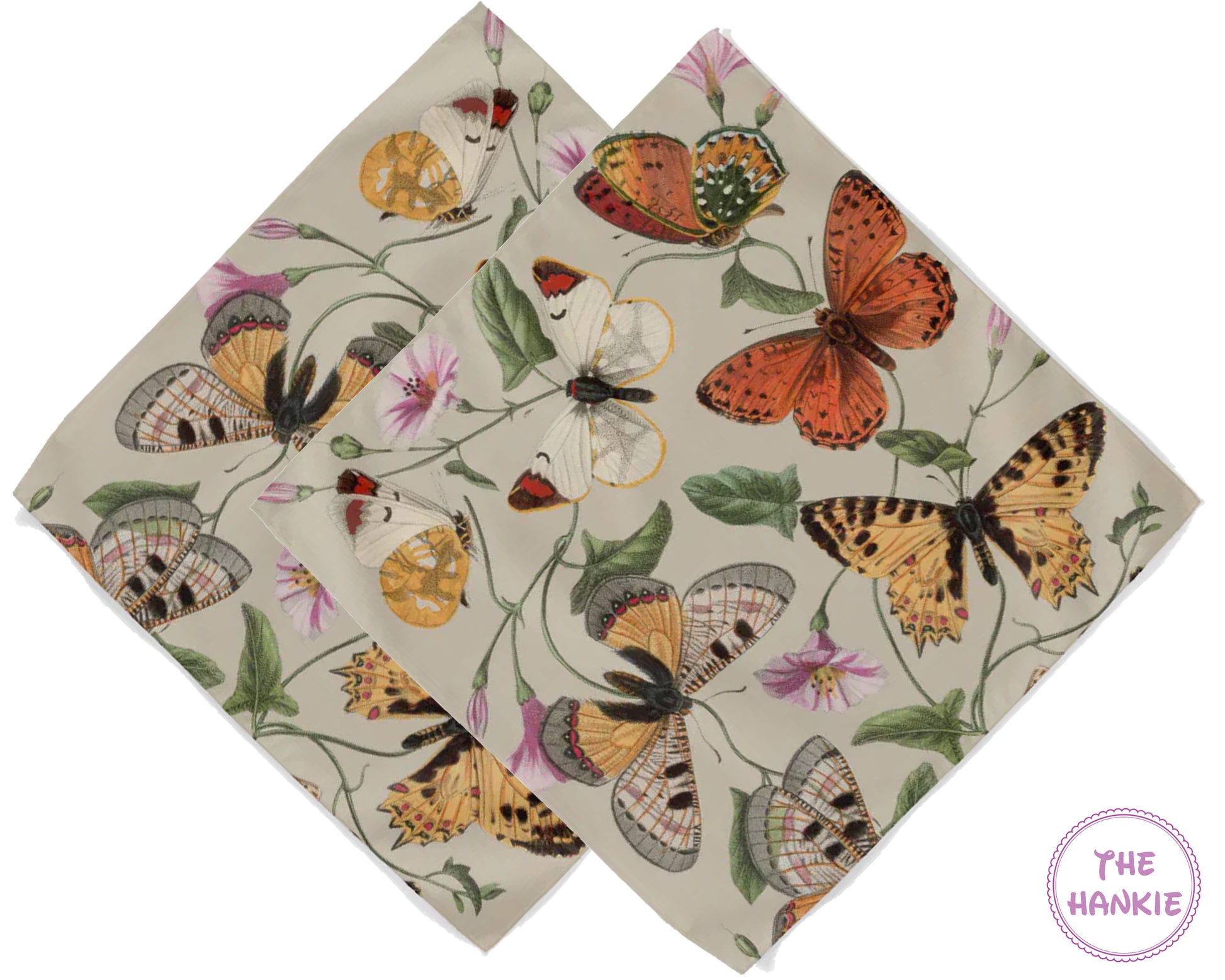 Butterfly and floral patterned napkins on a white background with 'The Hankie' brand logo.