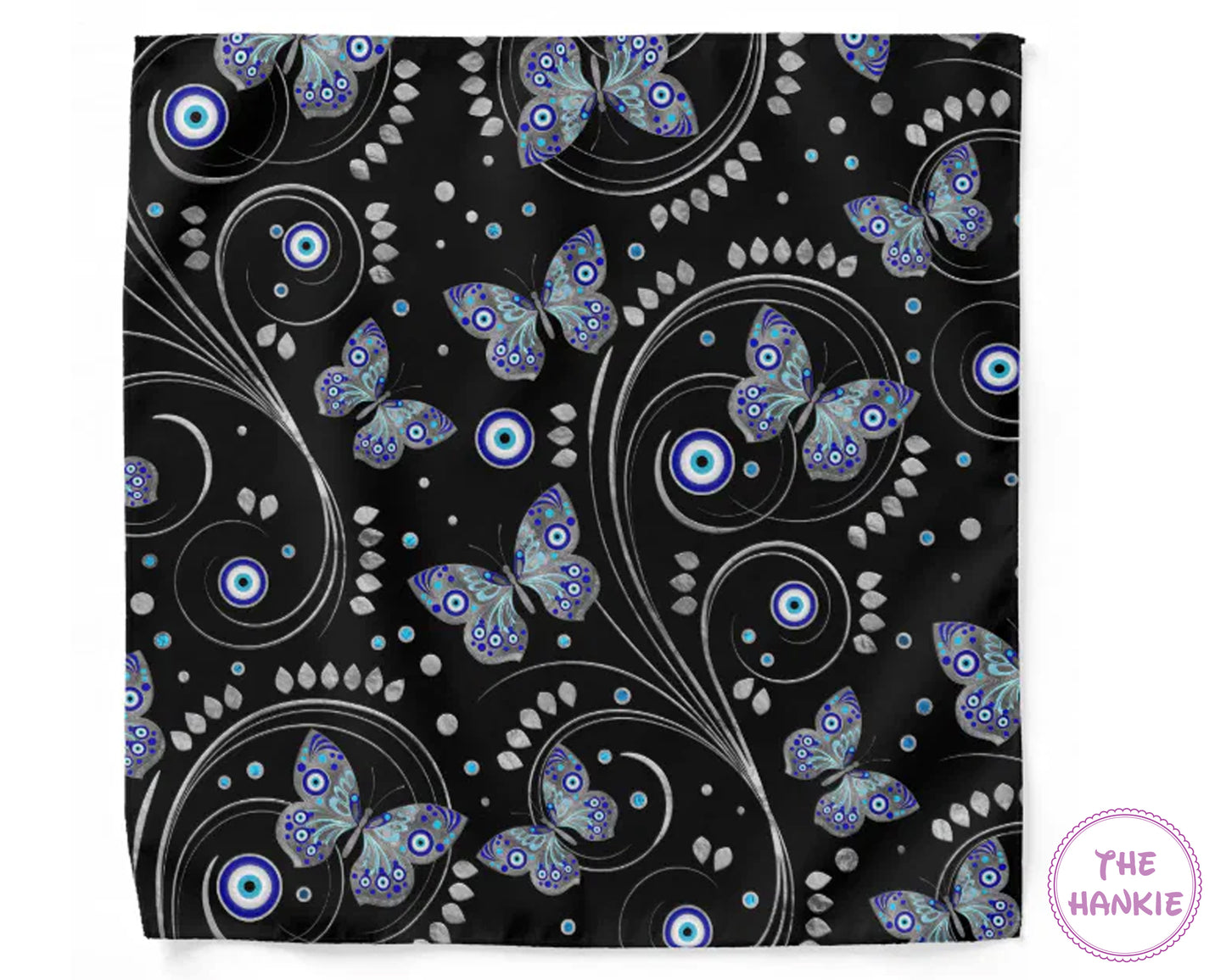 Butterfly patterned product with 'The Hankie' branding on a black background