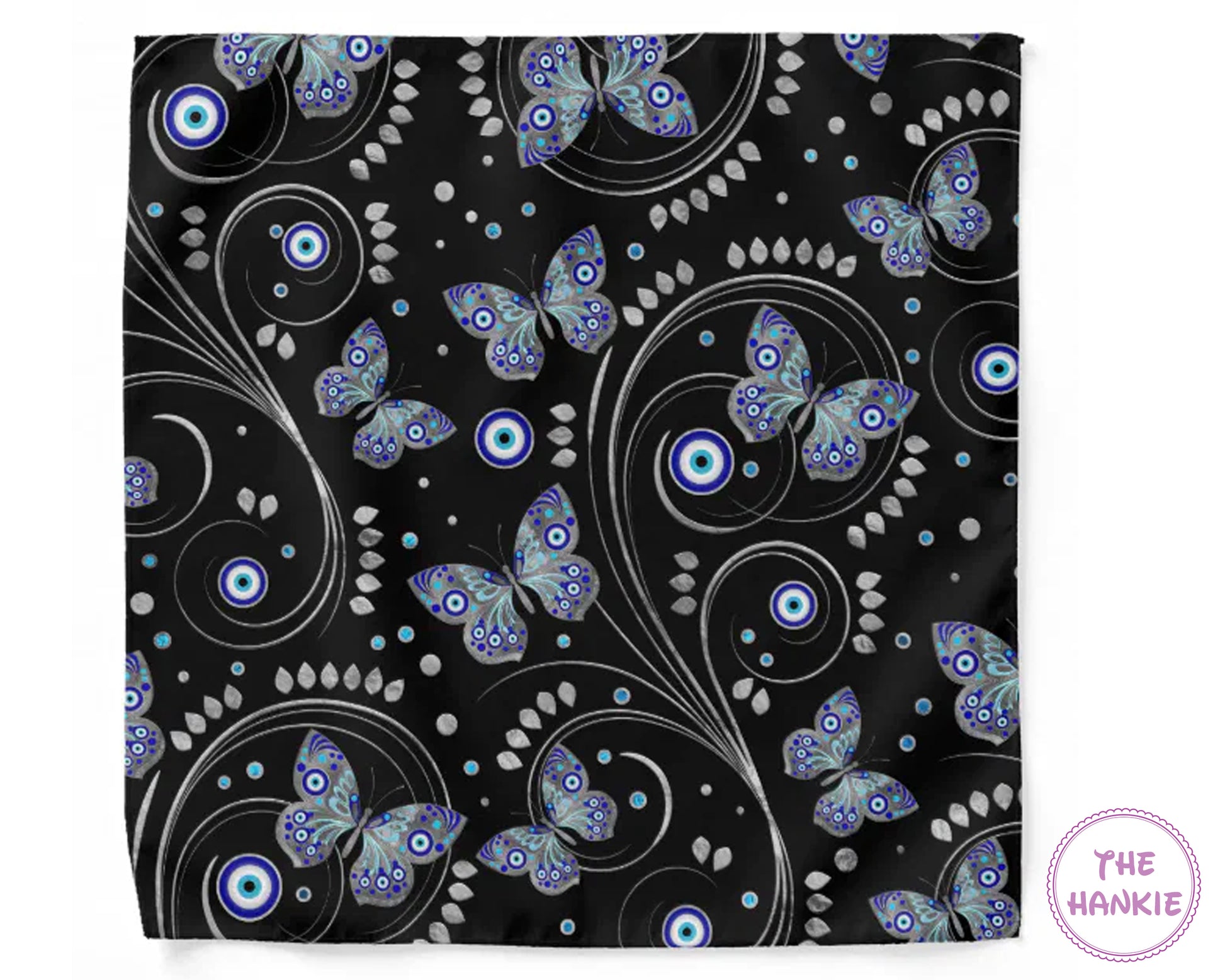 Butterfly patterned product with 'The Hankie' branding on a black background