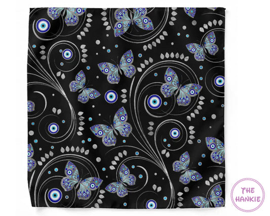 Butterfly patterned product with 'The Hankie' branding on a black background