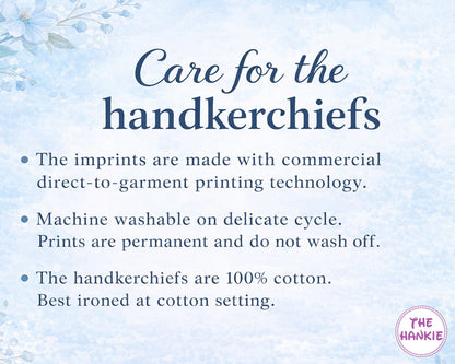 Care instructions for handkerchiefs on a light blue floral background