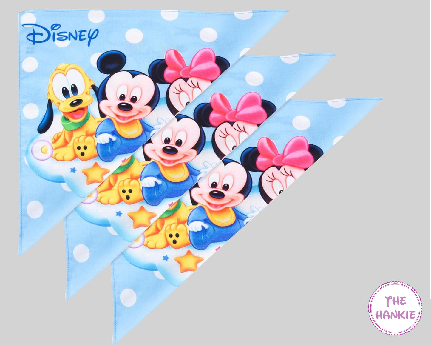 Two Disney-themed triangular flags featuring cartoon characters on a gray background.