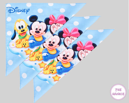 Two Disney-themed triangular flags featuring cartoon characters on a gray background.