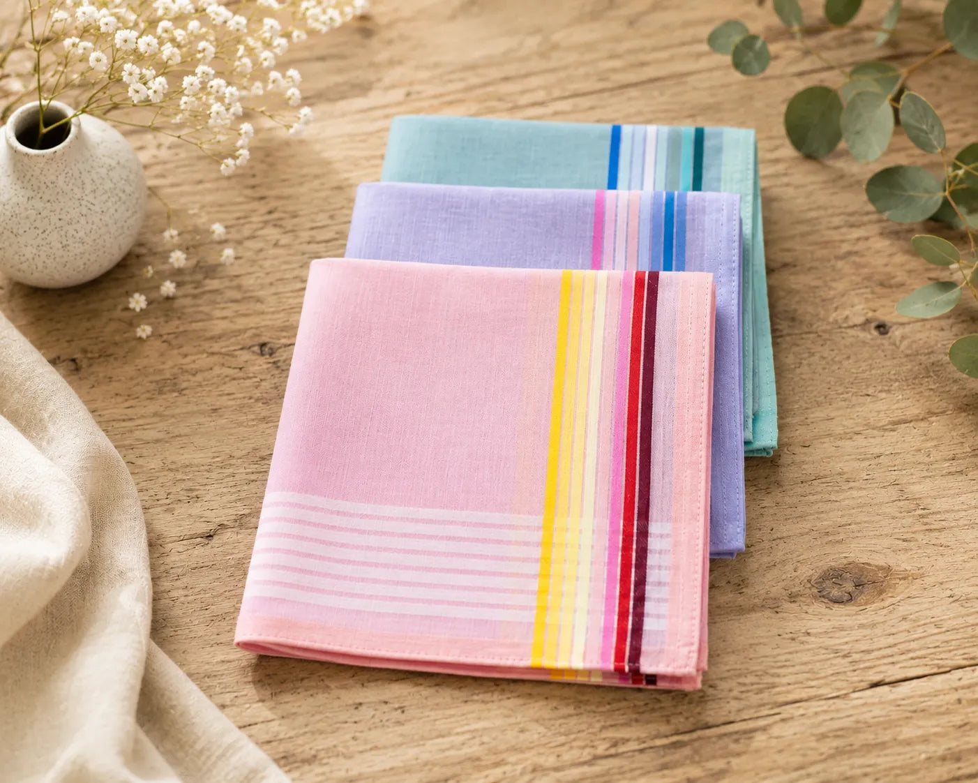 Men's Assorted Pastel Stripe Cotton Handkerchief Set of 3