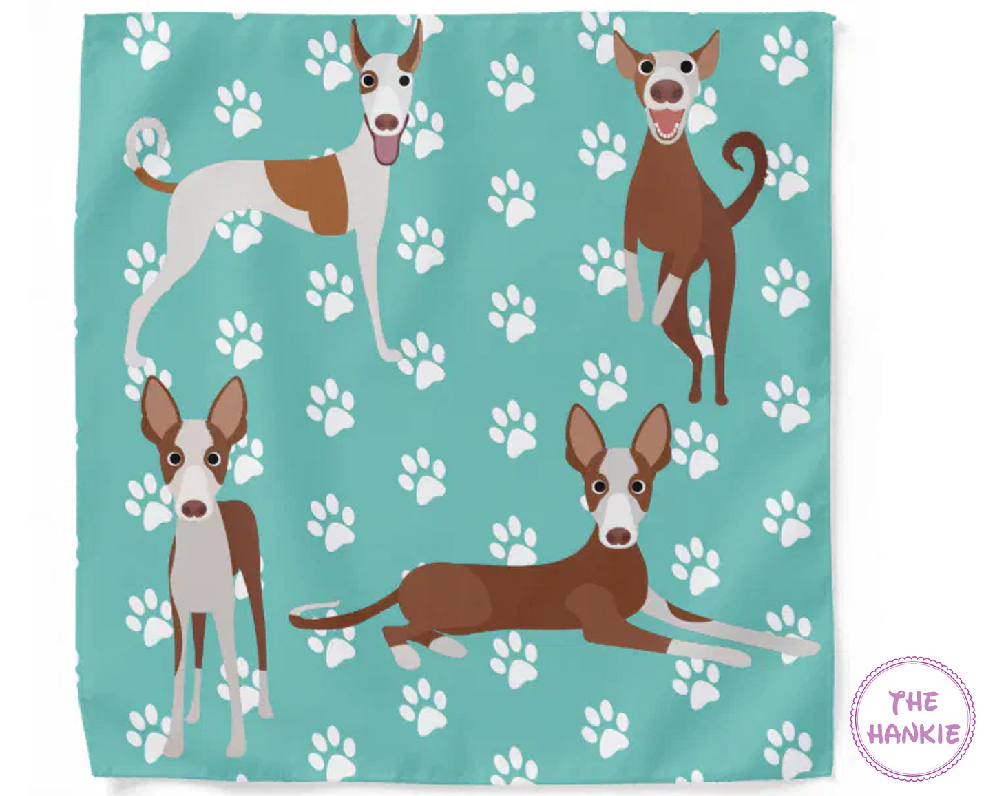 Teal hankie with cartoon dogs and paw prints, featuring 'The Hankie' brand.