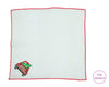 White hankie with red border featuring a logo and text on a white background