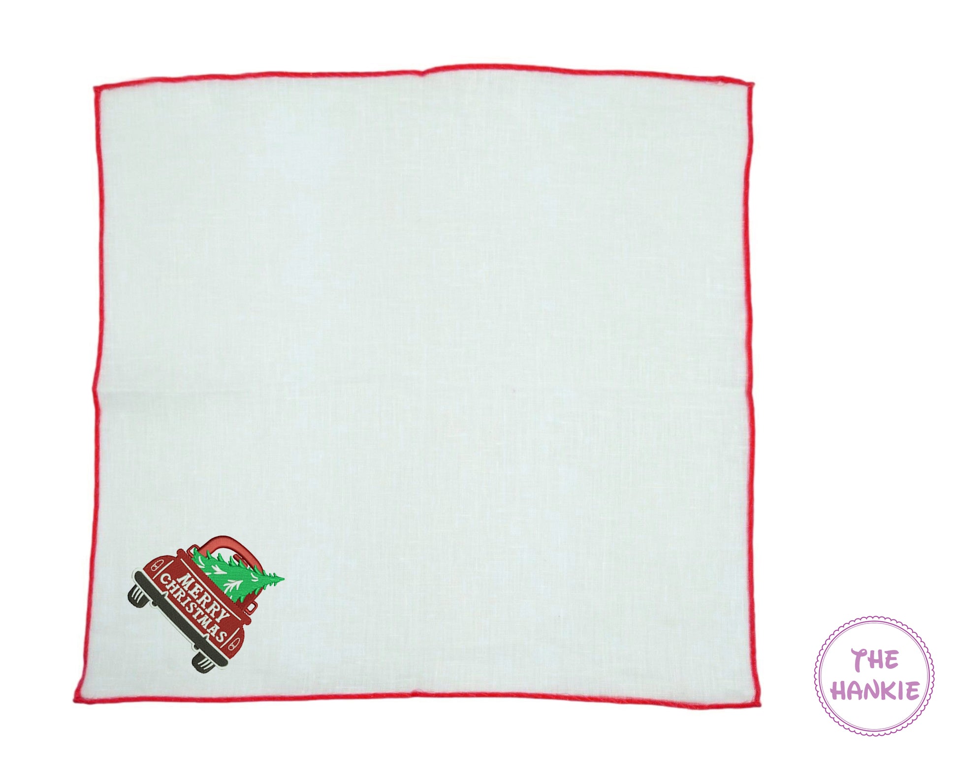 White hankie with red border featuring a logo and text on a white background