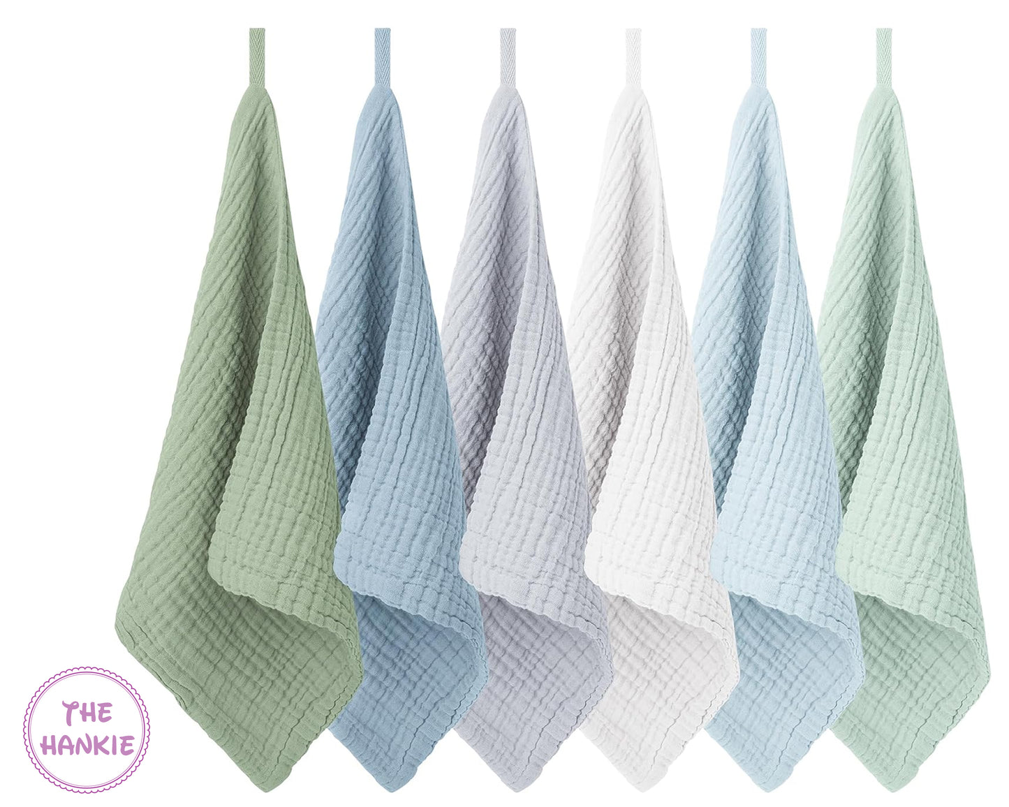 Two children wearing bandannas, one in a neutral setting and the other with 'The Hankie' branding.