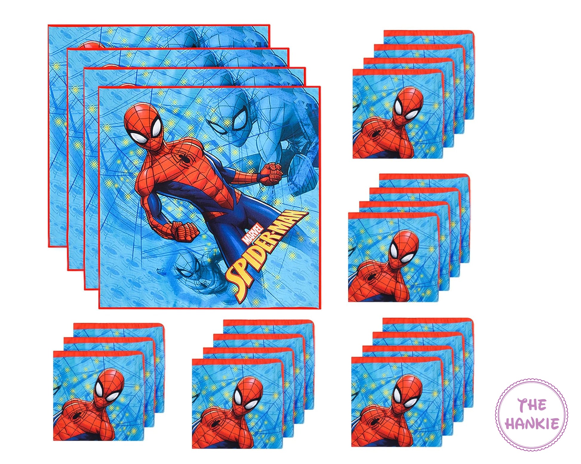 Spider-Man themed tableware set including plates, napkins, and cups on a white background.
